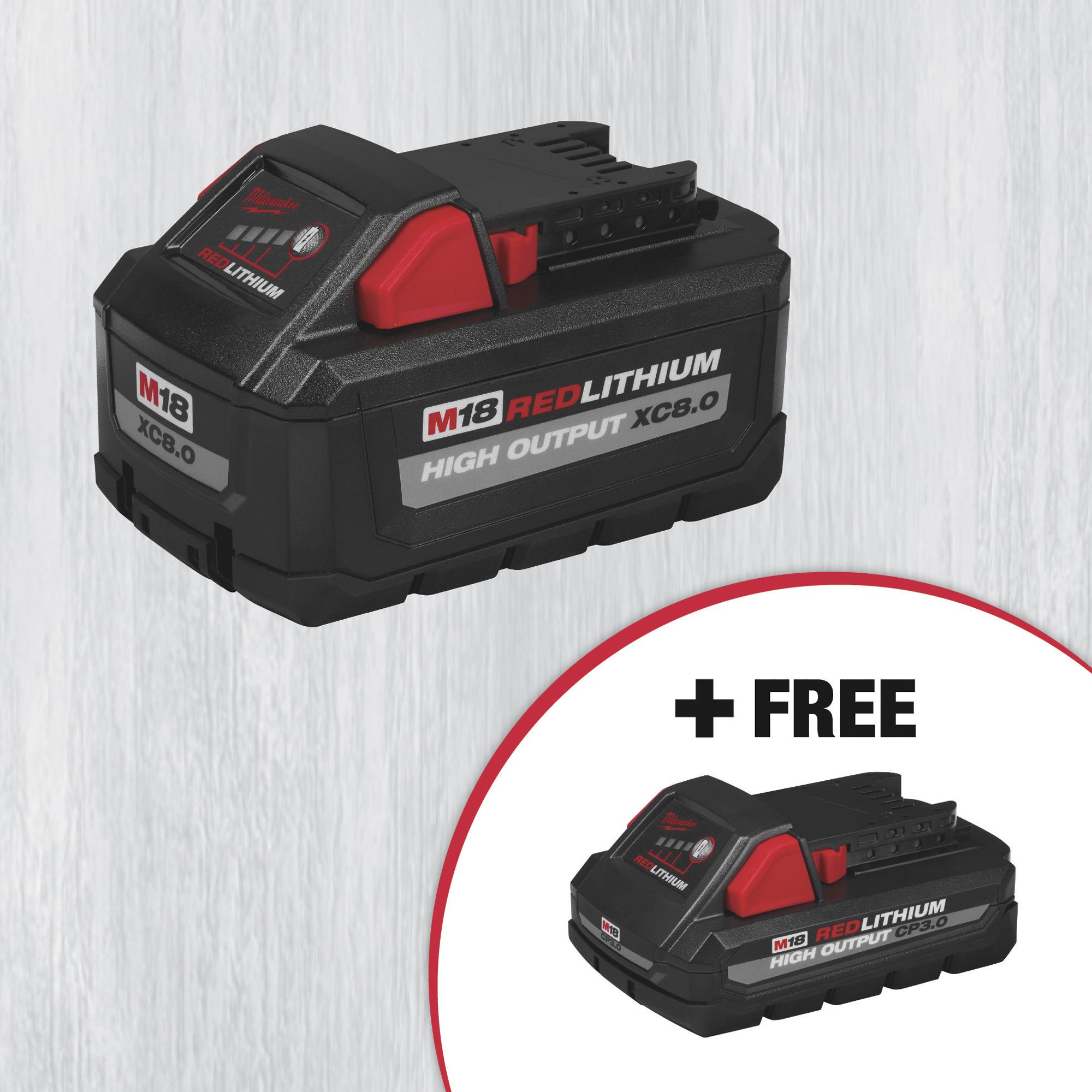 SPECIAL BUY! Milwaukee M18 REDLITHIUM HIGH-OUTPUT XC8.0 Battery Pack With FREE M18 REDLITHIUM High-Output CP3.0 Battery, Model# 48-11-1880 SE21P1